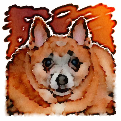 John's cousin Michael and his fiance&eacute; Sam adopted Coco as a pound dog, and John wanted to create a portrait as part of their wedding gift.  The orange and maroon background reflects the couple's Hokie heritage, but may blend a bit too well into Coco's fur.