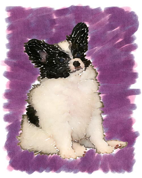 Lexi is Portia's little 'sister'; the artwork pictured here was done as a Christmas gift to her owner and shows a very young Lexi rendered in pseudo-watercolor art designed to capture Lexi's barely-contained energy onto paper.