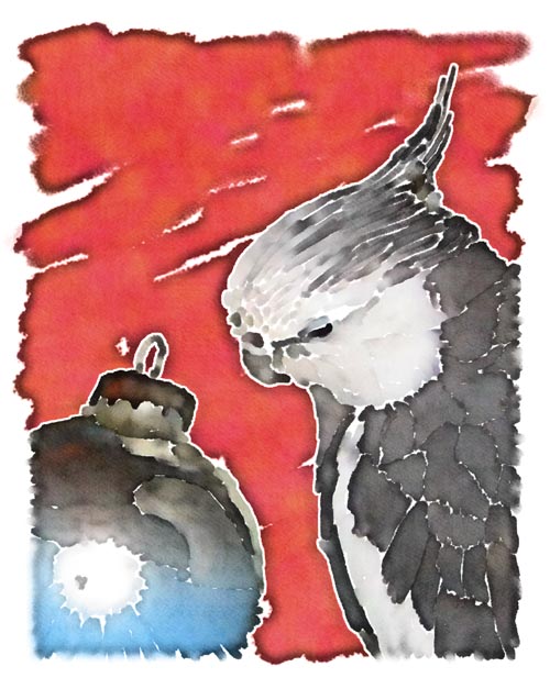 John's cockatiel Locke posed for a Christmas photo several years ago in which he studied his own reflection in a small Christmas ornament.  John worked that photo into the artwork you see here.